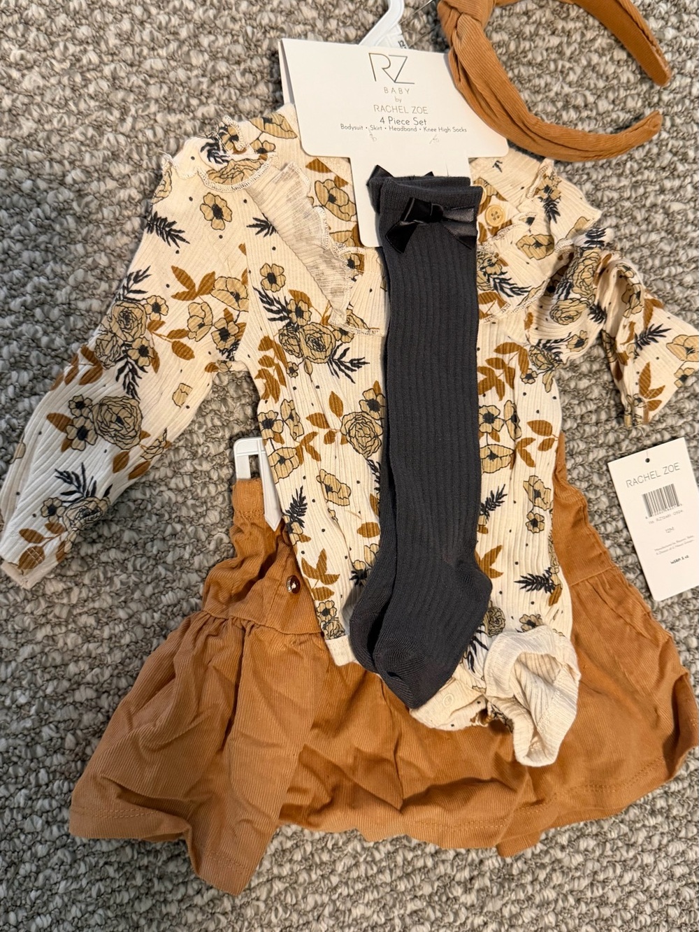 Rachel Zoe Baby Floral Ribbed Romper with Skirt, Socks, Headband 12M